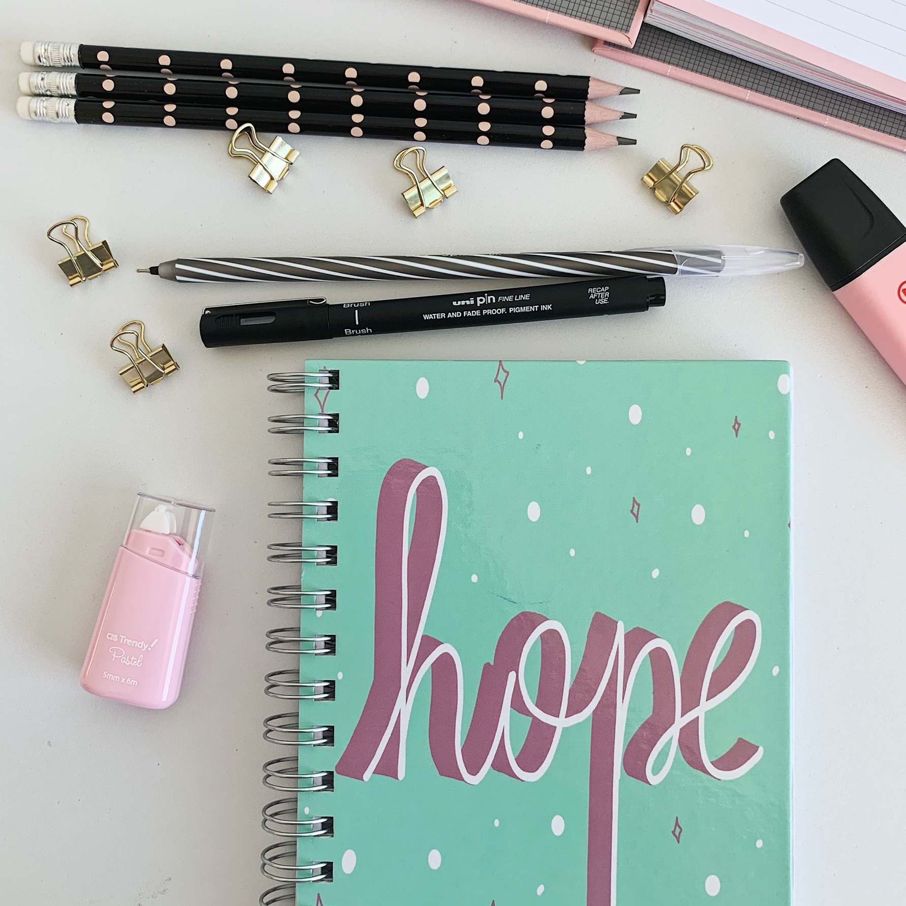 Desk with budget planner and calculator, notebook desk supplies