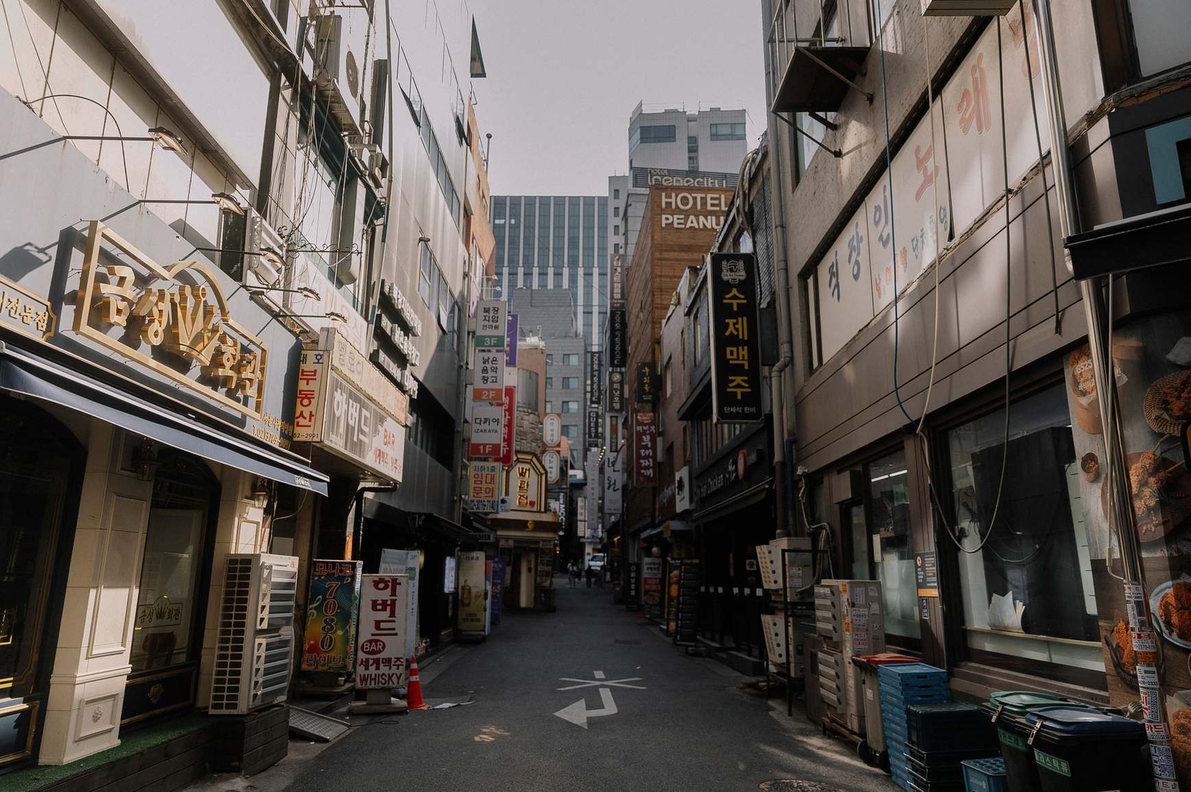 Urban architecture in Seoul, quiet alley showcasing Korean signage